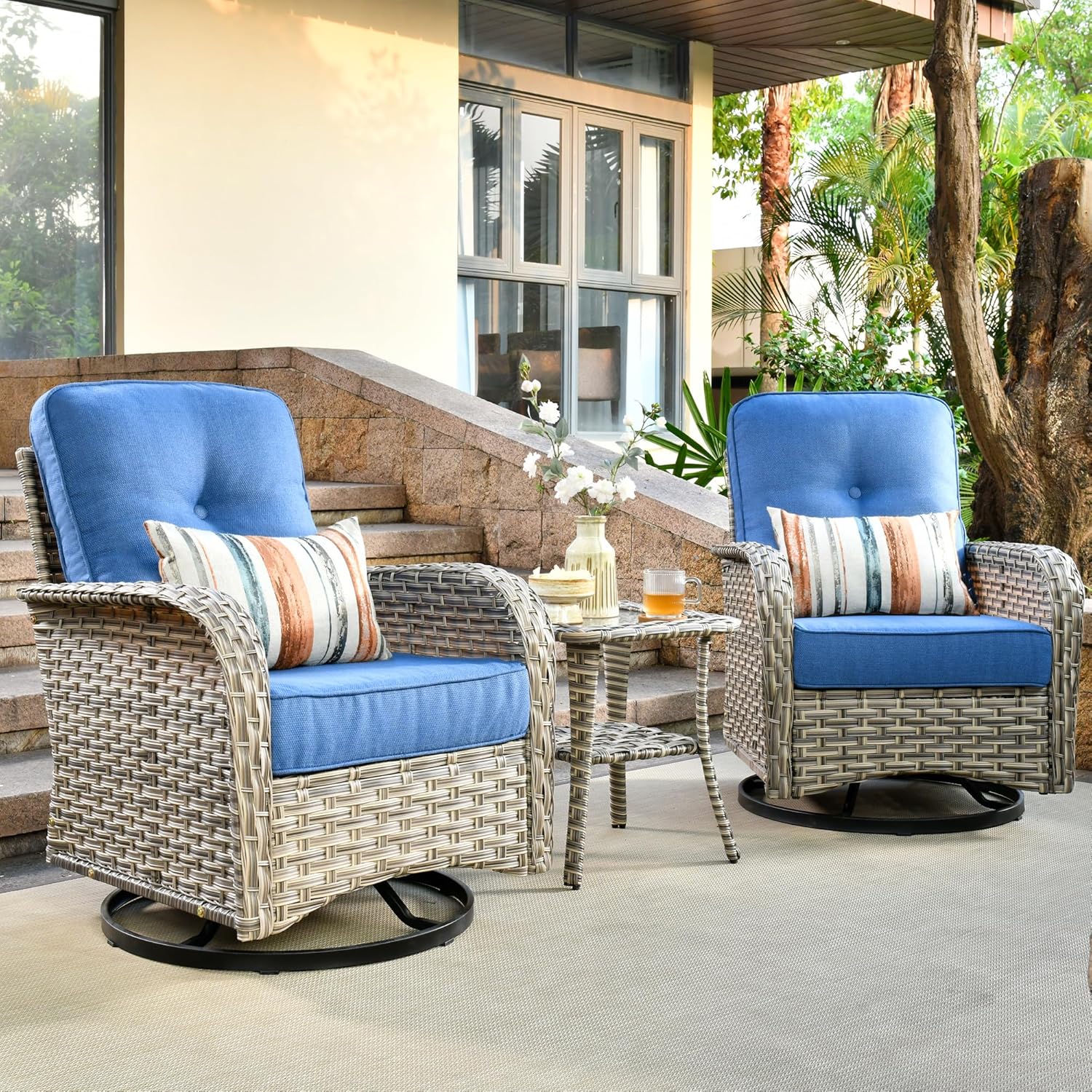 ovios Outdoor Swivel Rocking Chair Set of 3 with Coffee Table, Patio Wicker Rocker with Comfortable Thicken Deep Seating, Comfy Rattan Glider Chairs for Porch Deck Balcony Garden Backyard, Blue
