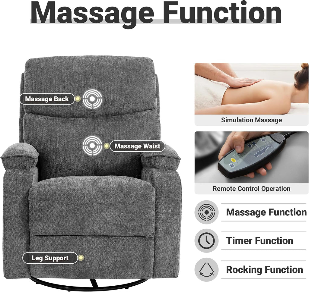 360° Swivel Rocking Recliner Chair, Massage Lazy Boy Recliner, Small Spaces Recliner for Living Room, Bedroom and Nursery, Dark Gray Chenille