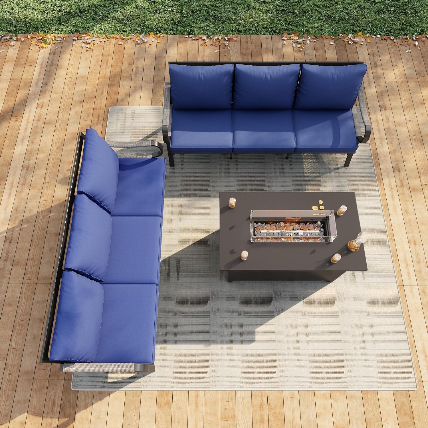 3 Pieces Modern Patio Furniture Set, All Weather Metal Outdoor Conversation Sets with Fire Pit Table for Backyard Garden Deck Porch Poolside, Blue