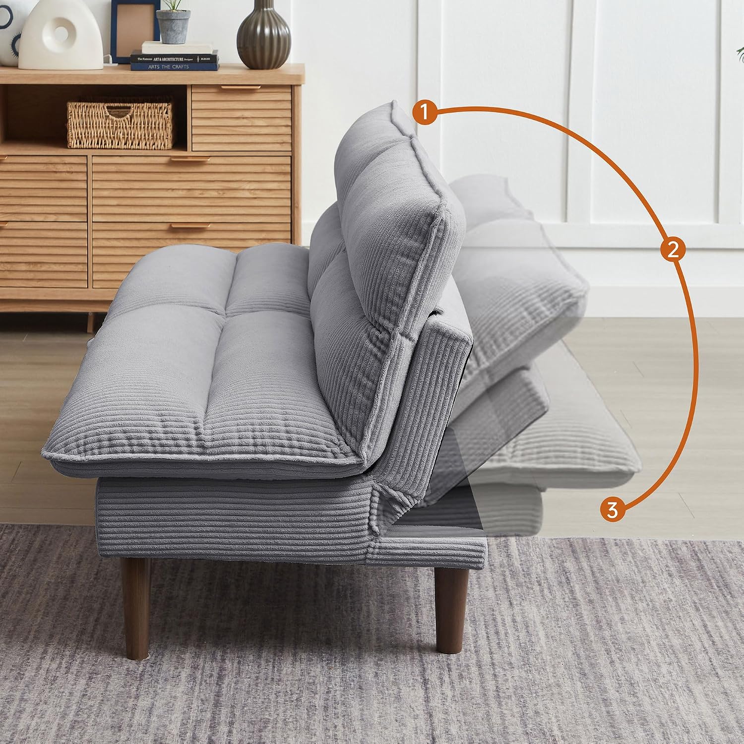 72' Futon Sofa Bed, Futon Couch with Adjustable Backrest, Recliner Small Loveseat for Living Room, Office, Apartment, Corduroy Loveseat, Light Grey