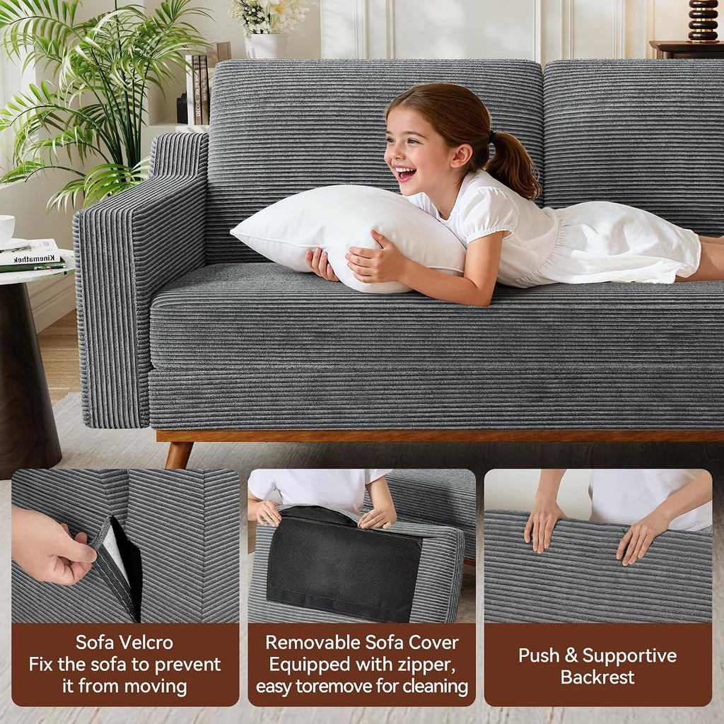 Vipbear 65.4' Loveseat Sofa Grey Corduroy Couch, Mid-Century Modern Small Couches for Living Room, Bedroom, Office, Comfy Sofa with Spring Cushion, Solid Wood Frame, Tool-Free Assembly