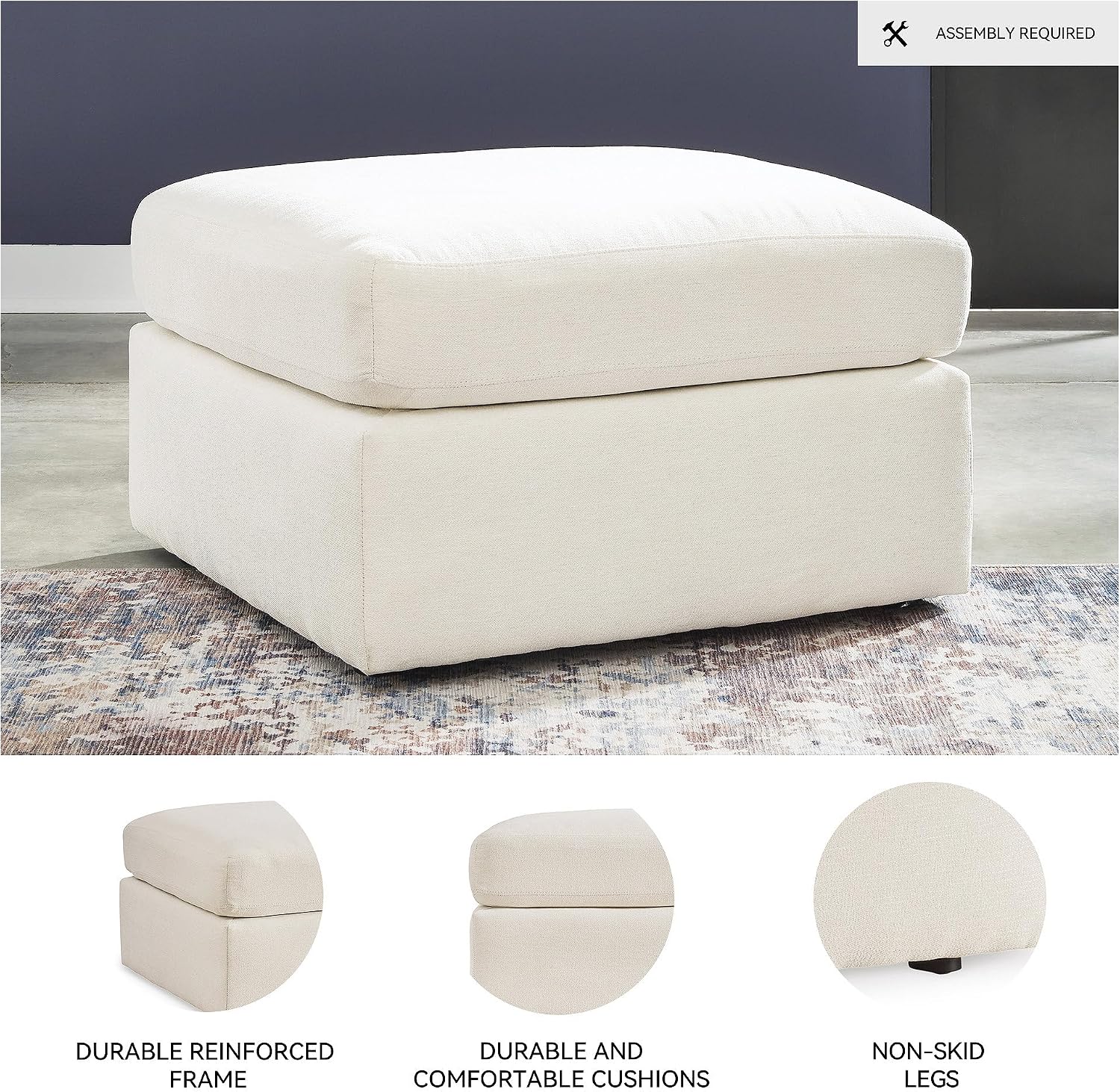 Signature Design by Ashley Modmax Contemporary Stain Resistant Upholstered Oversized Accent Ottoman with Non-Skid Legs, White