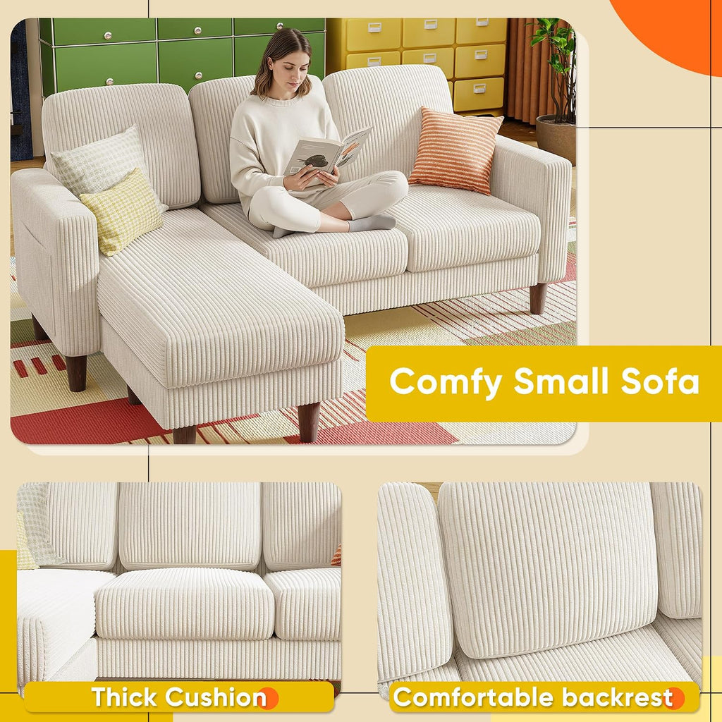 YESHOMY Couches for Living Room, Sofa with Movable Ottoman, Small Couch with Reversible Chaise and Side Pockets, L Shaped Couch for Small Space, Apartment (Corduroy, Cream)