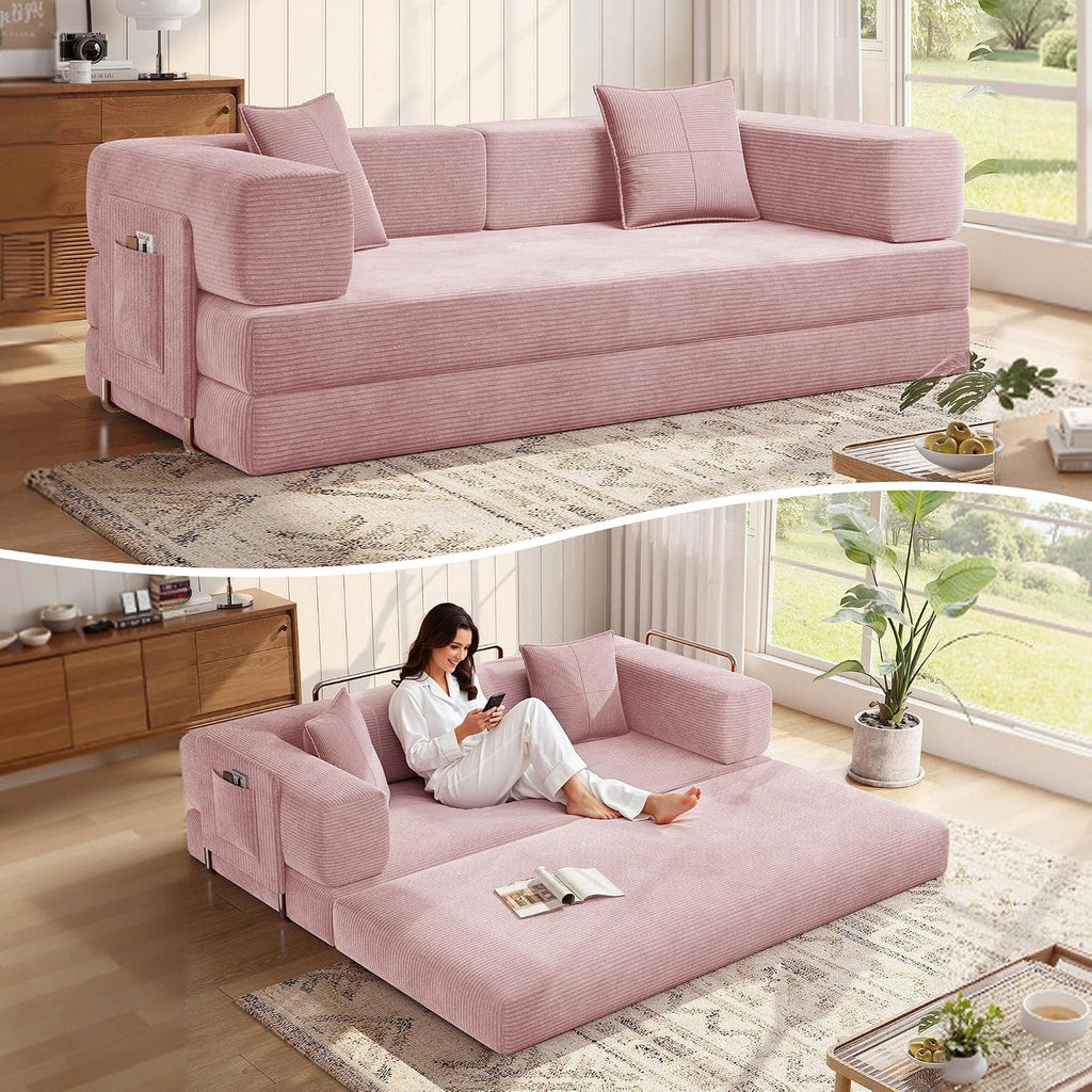 MoonSpeak 78.8''Sleeper Couch Bed for Livingroom,Convertible Modular Sofa with Armrest Pillow,Modular Foldable Corduroy Couches in a Box,No Assembly (Pink)