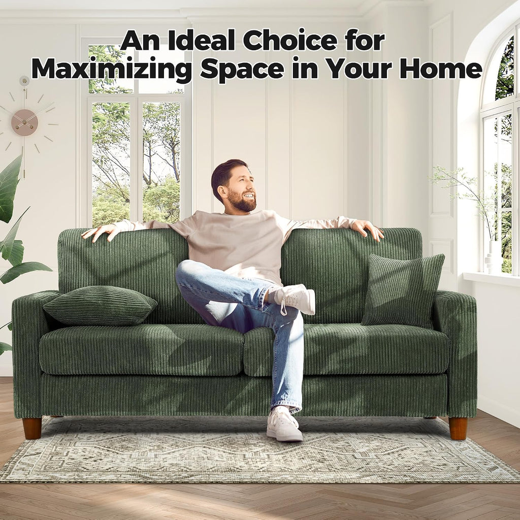 Kidirect 70in Corduroy Couch, Sofas for Living Room No Tool Assembly, Comfy Couches for Living Room 21in Deep Seats, Oversized Loveseat Sofa with 2 Pillows, 3 Seater Couch for Bedroom, Green Sofa