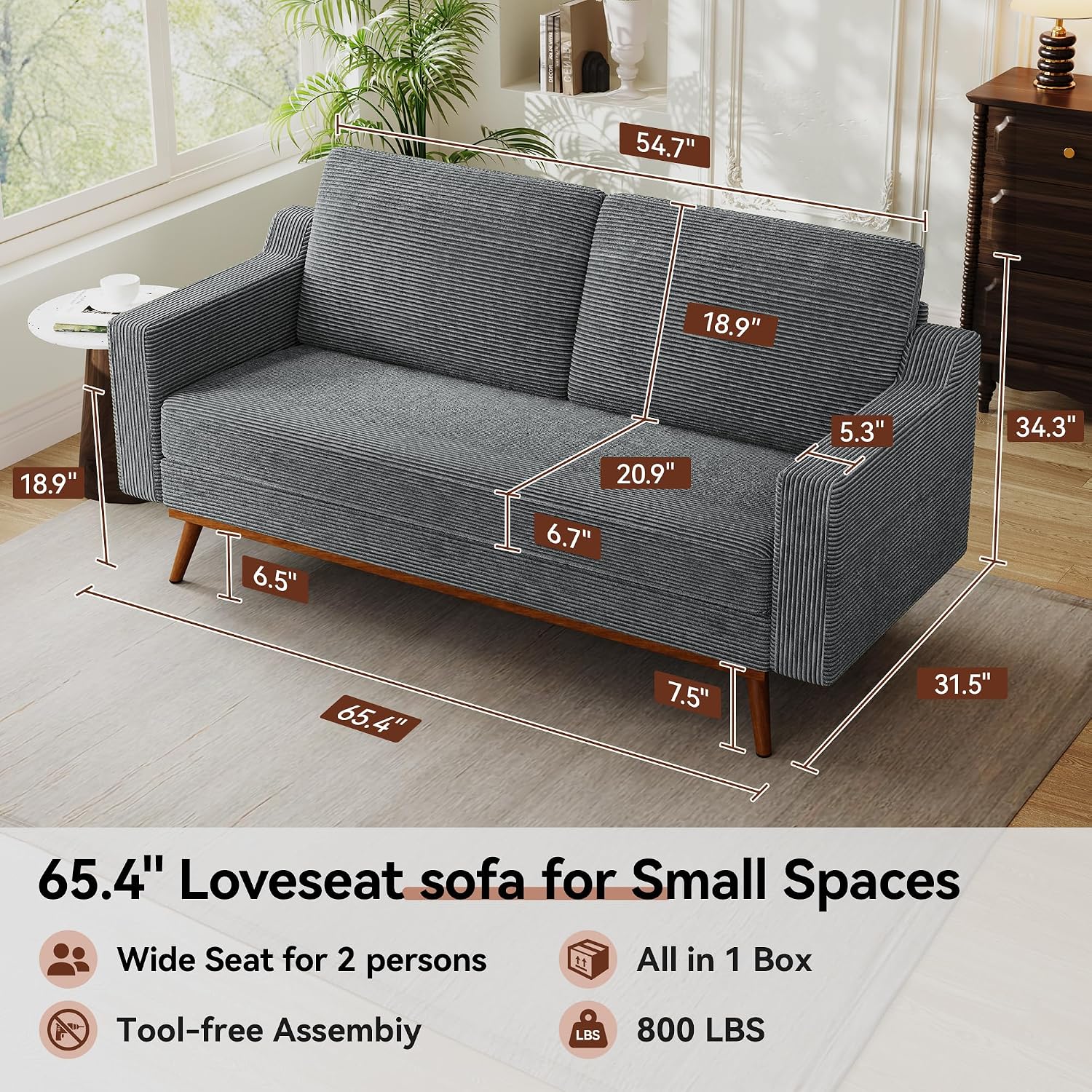 Vipbear 65.4' Loveseat Sofa Grey Corduroy Couch, Mid-Century Modern Small Couches for Living Room, Bedroom, Office, Comfy Sofa with Spring Cushion, Solid Wood Frame, Tool-Free Assembly