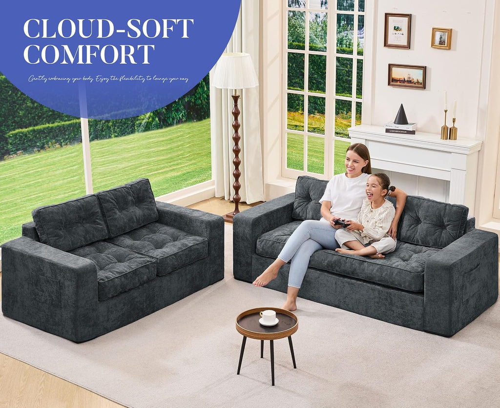 Hobestluk 3-Seater Sofa Boneless Couch with Tufted Button Design 2 in 1 Comfy Cloud Couch Oversized Sofa for Living Room Bedroom Apartment or Office (Blue Grey, 3 Seater)