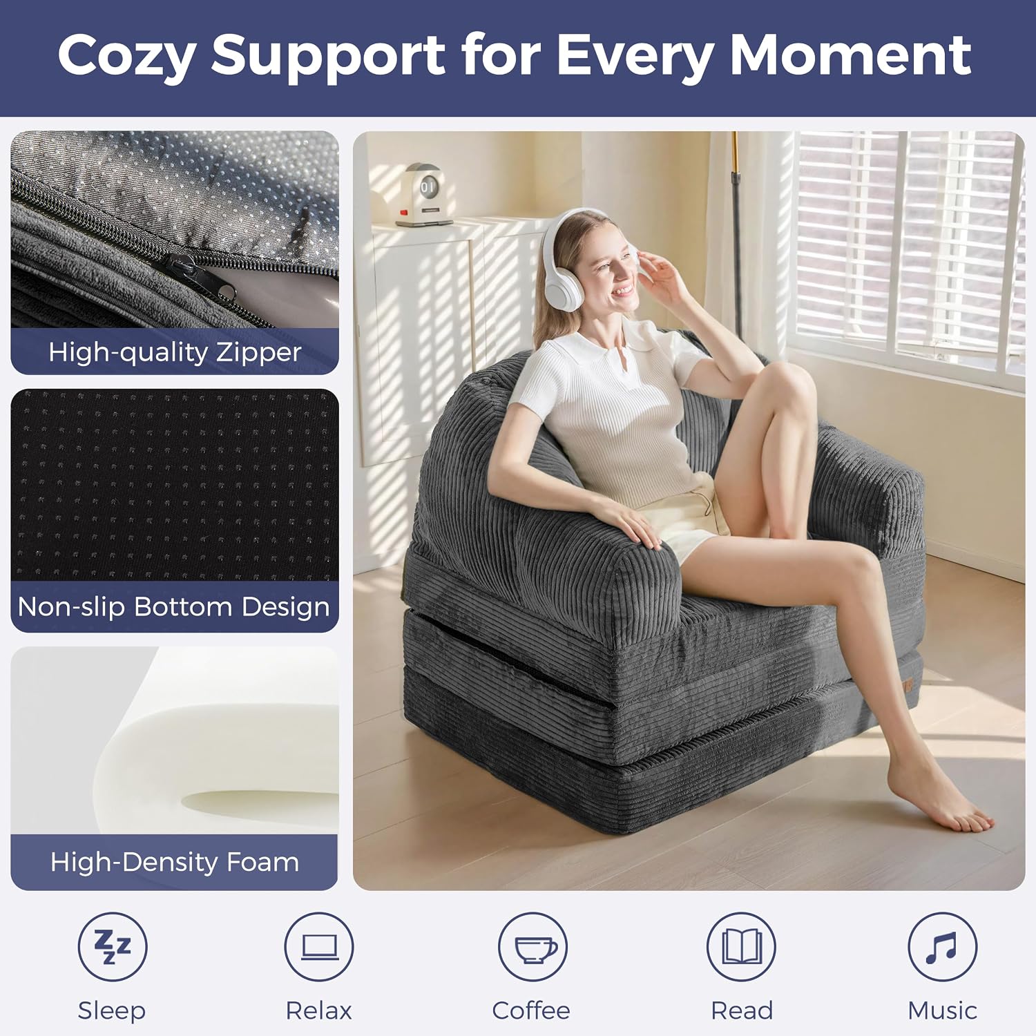 MAXYOYO Folding Sofa Bed with Backrest, Boneless Fold Out Couch Bed with Handle, 2 in 1 Convertible Bean Bag Chair to Floor Sofa Lounger, Comfy Folding Couch for Bedroom & Living Room, Dark Grey