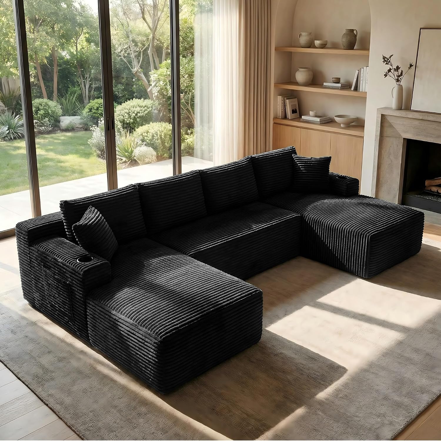 125' Oversized Cloud Boneless Couch with Chaise, Modern Modular Sofa with Deep Seat, Corduroy Upholstered U Shaped Couch for Living Room, No Assembly Required (Black)