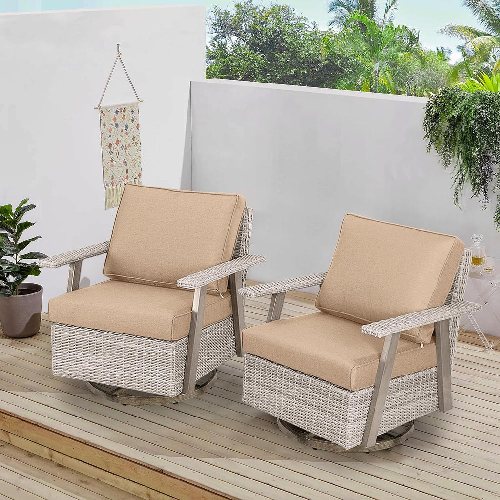 2 PCS Outdoor Patio Furniture Set, Oversized Swivel Patio Chairs Set of 2, Outdoor Swivel Rocking Glider Chairs Set, Brown/Taupe PE Wicker Rocking Chair with Brown Cushion for Porch Garden