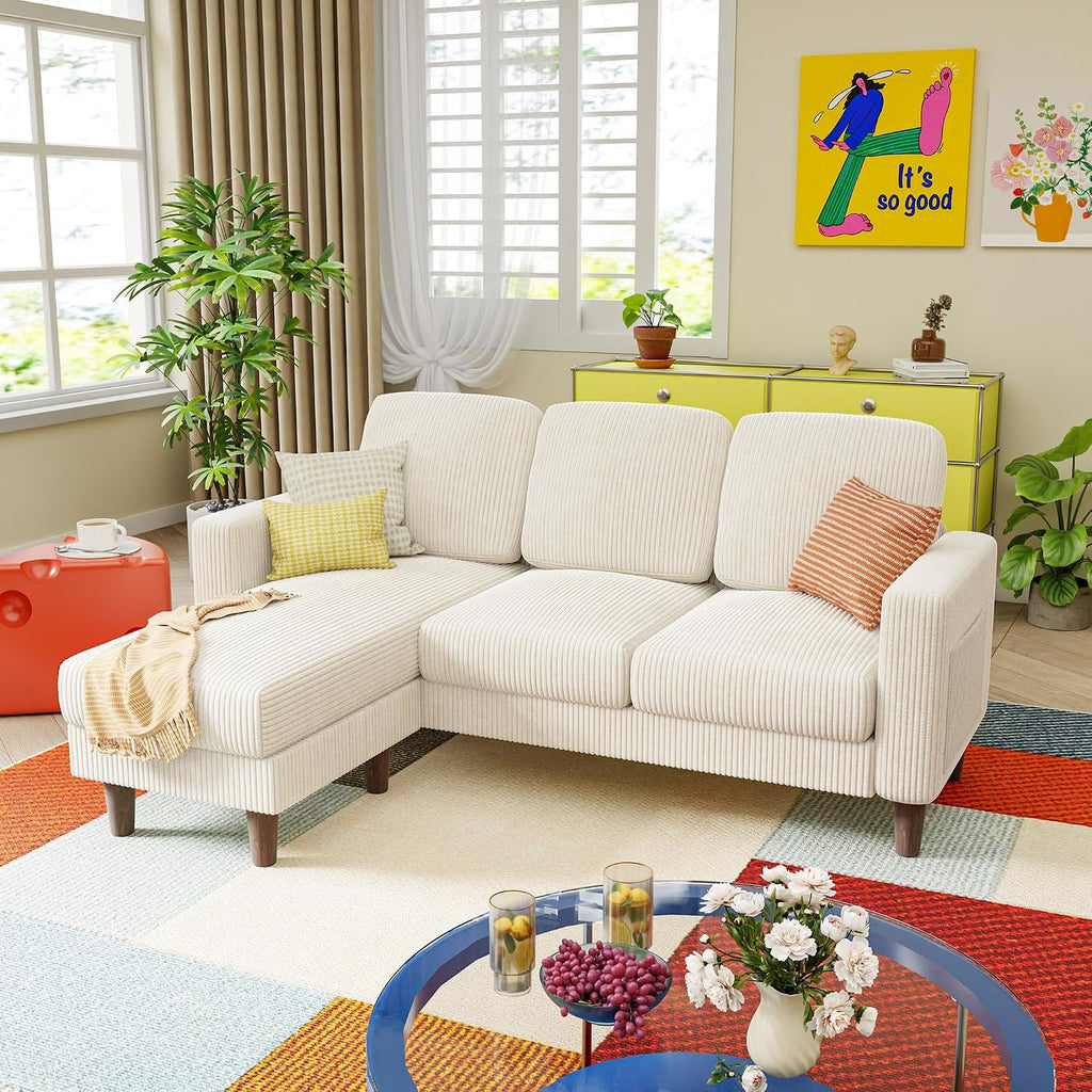 YESHOMY Couches for Living Room, Sofa with Movable Ottoman, Small Couch with Reversible Chaise and Side Pockets, L Shaped Couch for Small Space, Apartment (Corduroy, Cream)