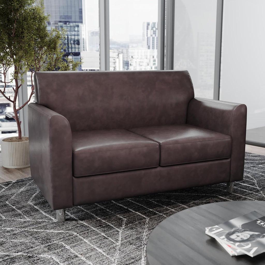 Flash Furniture Hercules Diplomat Side Reception Loveseat with Chrome Legs, Lobby Chair with Cushions and Flared Arms, Brown LeatherSoft
