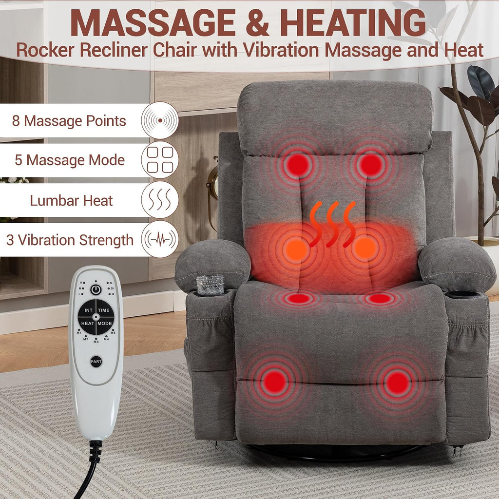 Rocker Recliner, Glider Recliner Chairs for Adults, 360° Swivel Recliner Chair w/Massage and Heating, Nursery Chair with Rocking Function, Side Pocket, Cup Holders for Living Room, Bedroom, Grey