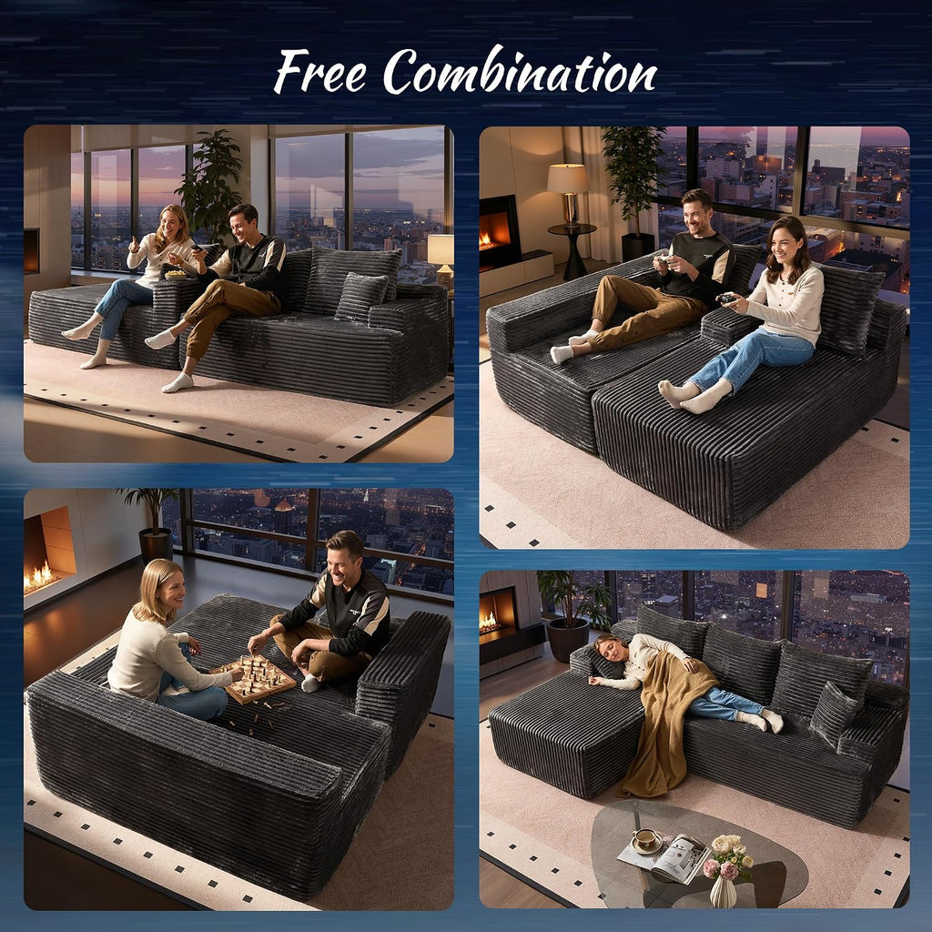 ovios 104' Cloud Boneless Couch with Glitter Fabric, Moudular Sectional Sofa with Deep Seat, No Assembly Required, Modern Minimalist L Shaped Couches with Chaise for Living Room, Grey
