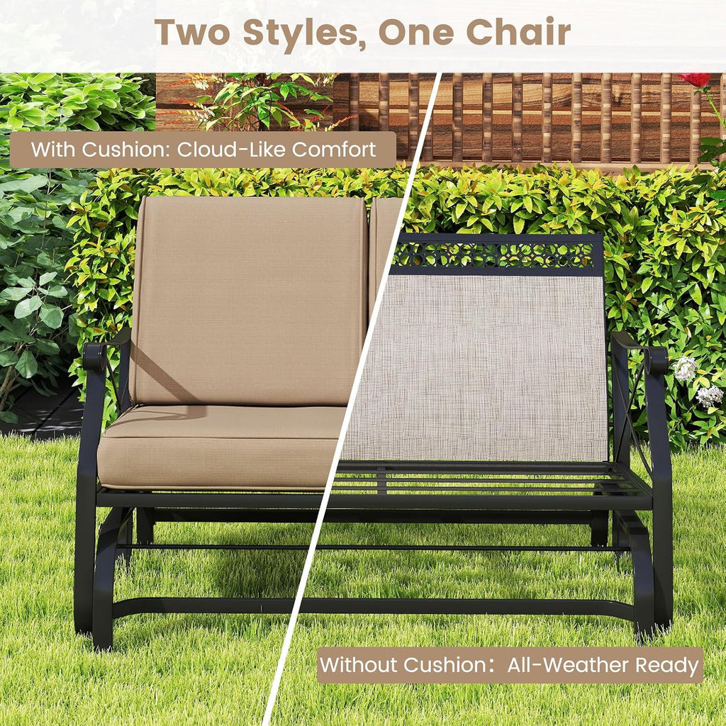 Tangkula Patio Glider Bench, 2-Person Swing Gliding Loveseat with Breathable Fabric Seat & Soft Cushions, 660 LBS Metal Frame Outdoor Rocking Chair for Porch, Poolside, Backyard