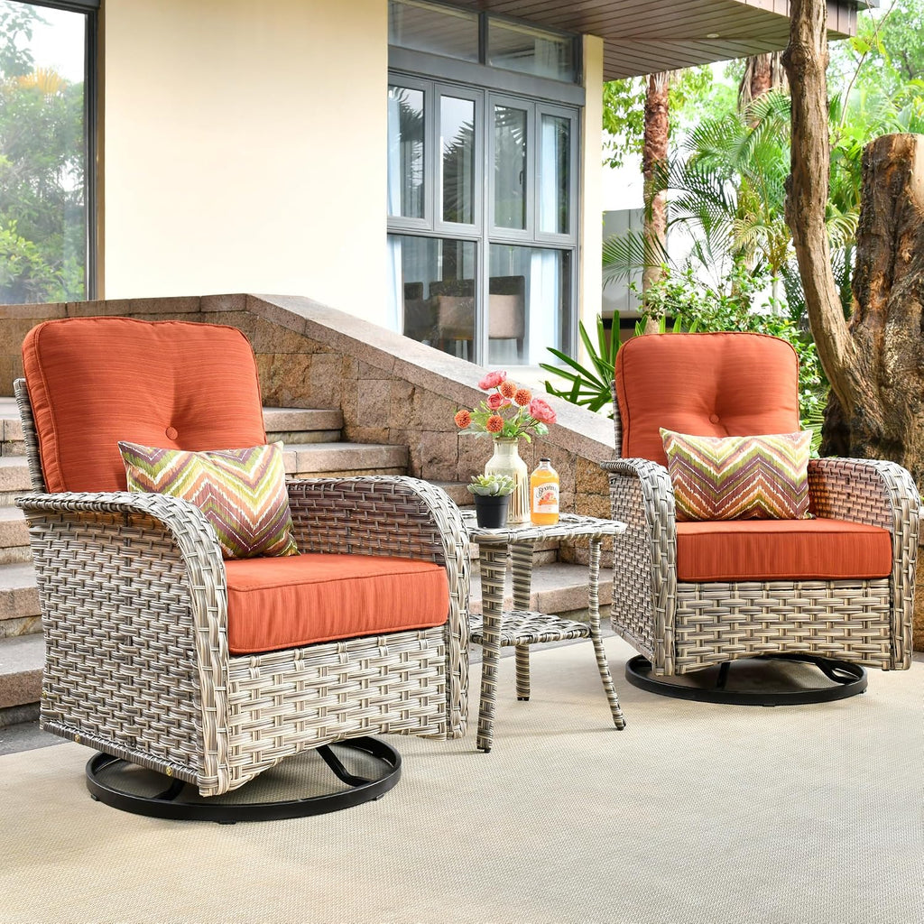 ovios Outdoor Swivel Rocking Chair Set of 3 with Coffee Table, Patio Wicker Rocker with Comfortable Thicken Deep Seating, Comfy Rattan Glider Chairs for Porch Deck Balcony Garden Backyard, Orange