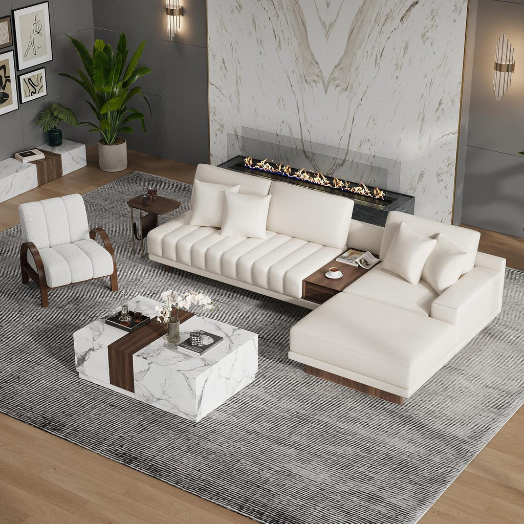 homary Leather Sectional Sofa – 126' Oversized L-Shaped Modular Couch with Storage Table & Ottoman, White Sofa for Modern Living Room or Family Space (Microfiber Leather, Ivory)