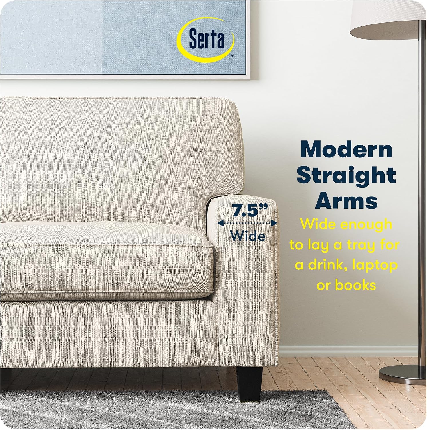 Serta Palisades 61' Track Arm Sofa, Easy Care Polyester, Soft Pillow Back, Pocket Coil Seat Cushions, Removable Covers, Loveseat or Couch for Small Spaces, Living Rooms or Bedrooms, Buckwheat Beige