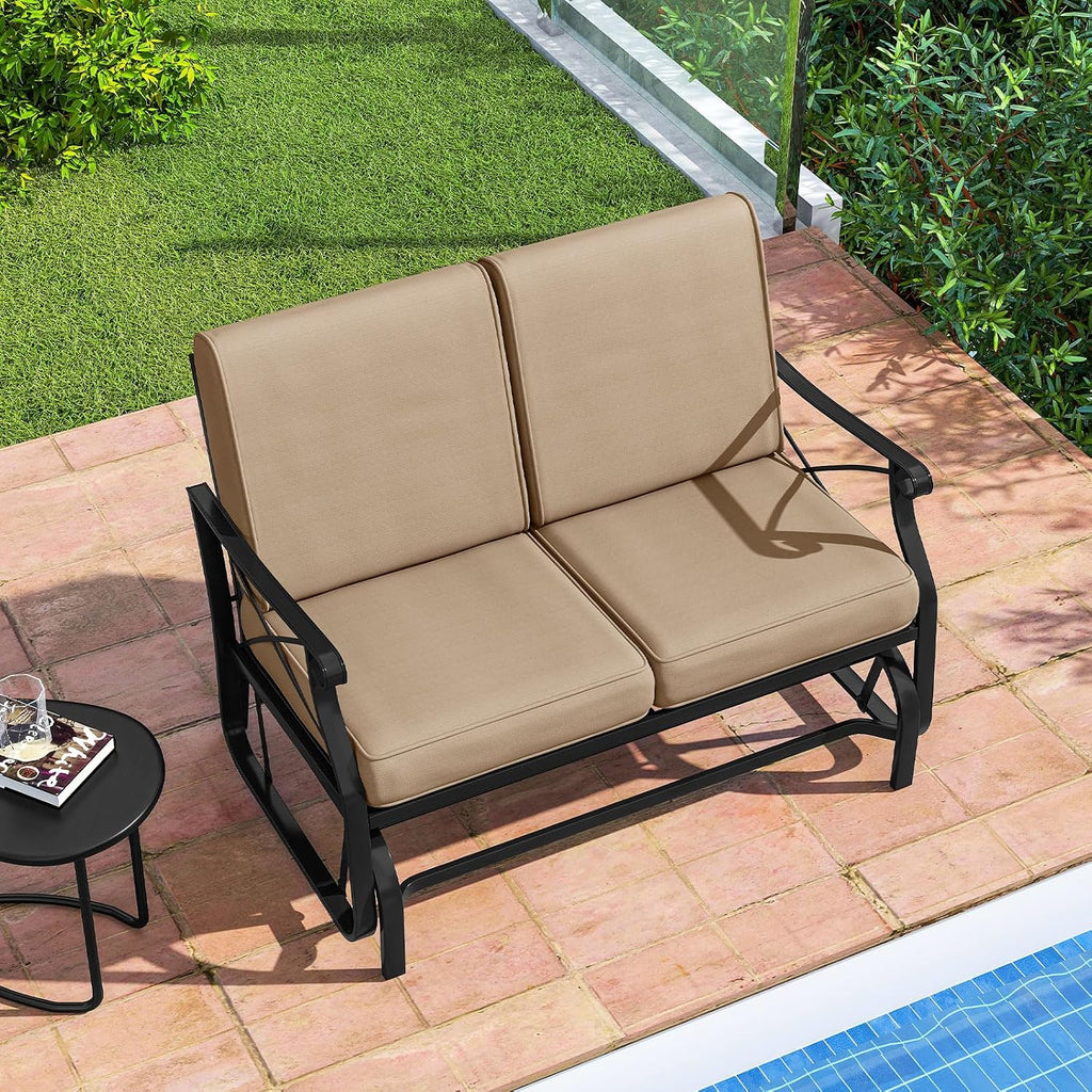 Tangkula Patio Glider Bench, 2-Person Swing Gliding Loveseat with Breathable Fabric Seat & Soft Cushions, 660 LBS Metal Frame Outdoor Rocking Chair for Porch, Poolside, Backyard