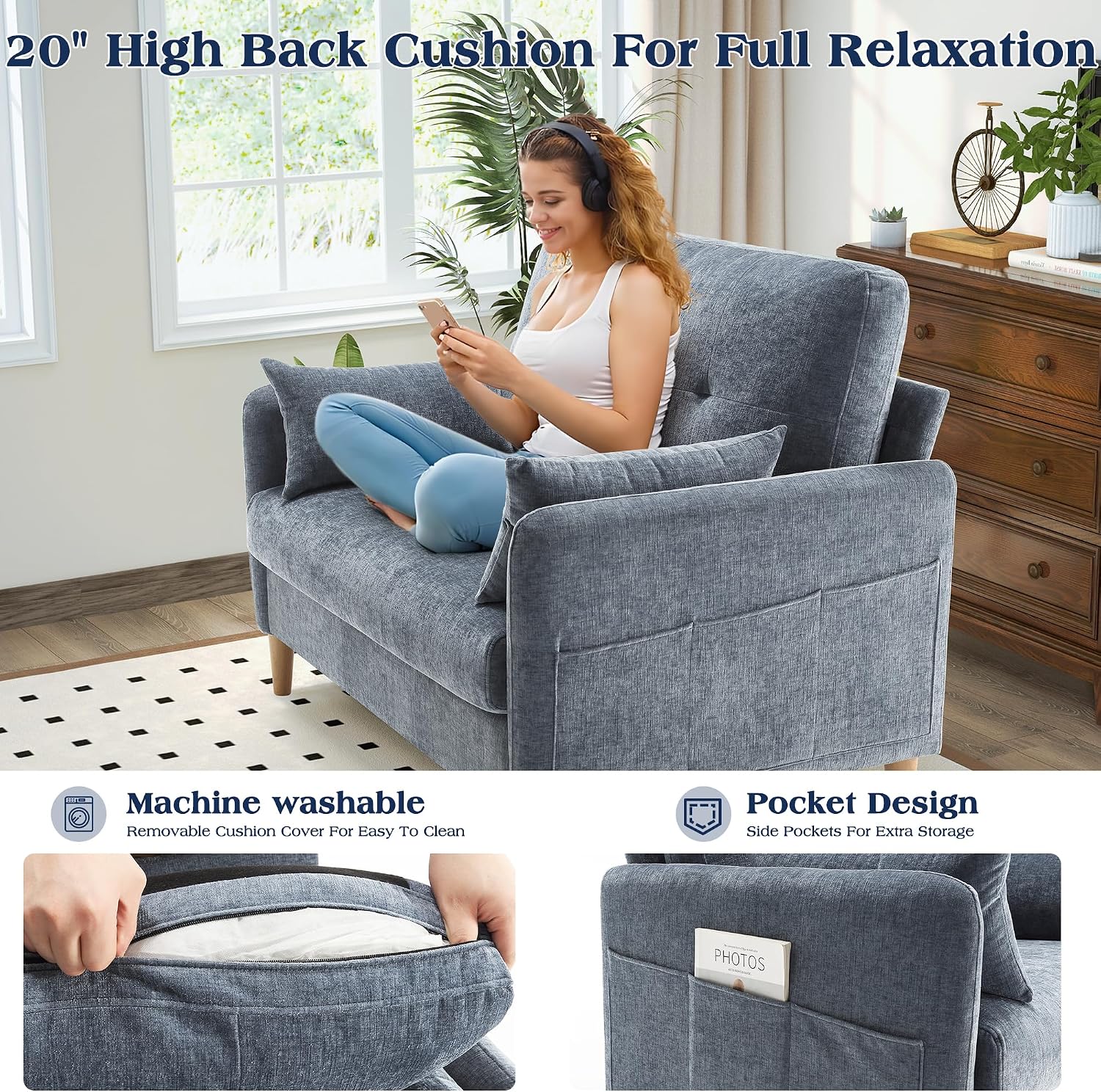 Hanherry Loveseat Sofa, 47' Small Couch for Living Room, Comfy Chenille Fabric Love Seat for Bedroom with Throw Pillow,Removable Cushion Cover,Couches for Small Space,Apartment,Dorm