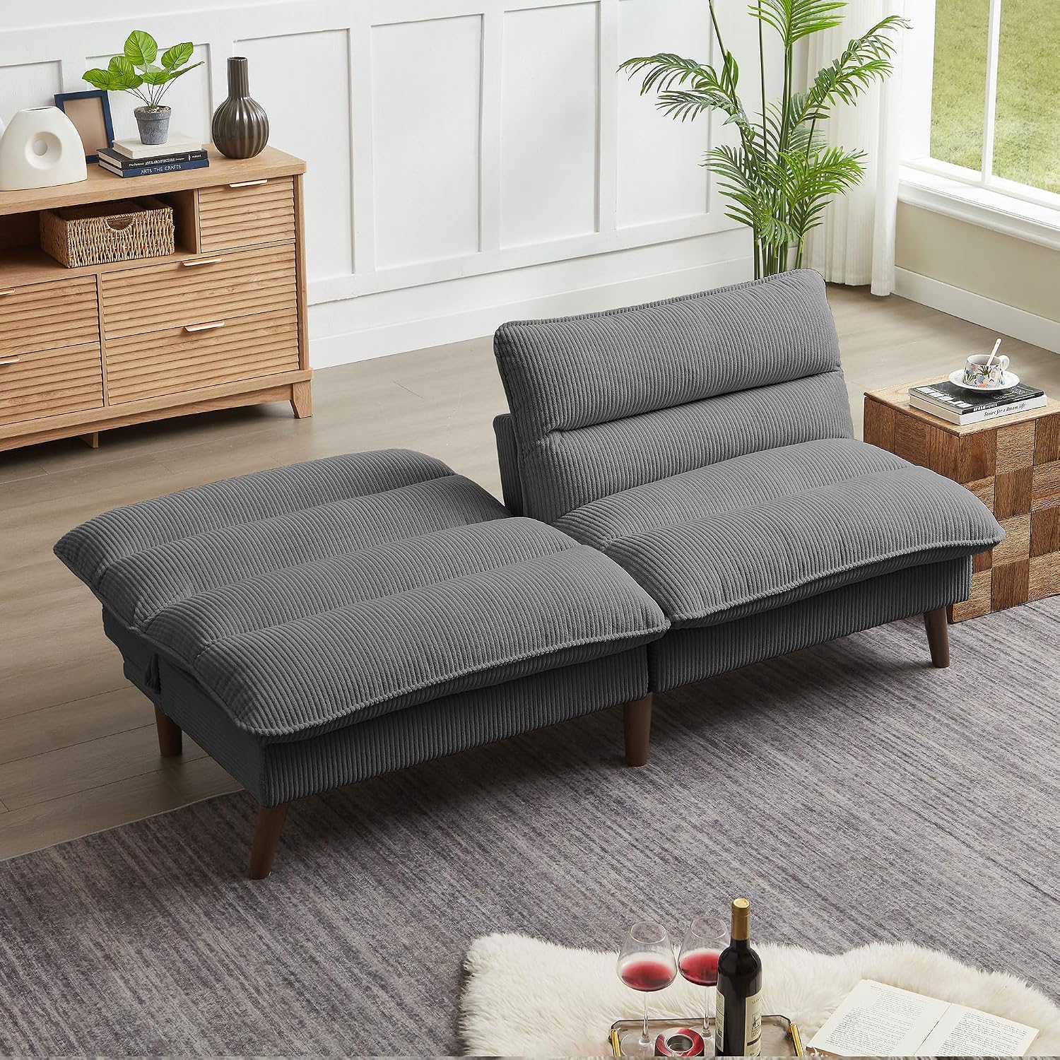 72' Futon Sofa Bed, Futon Couch with Adjustable Backrest, Recliner Small Loveseat for Living Room, Office, Apartment, Corduroy Loveseat, Dark Grey