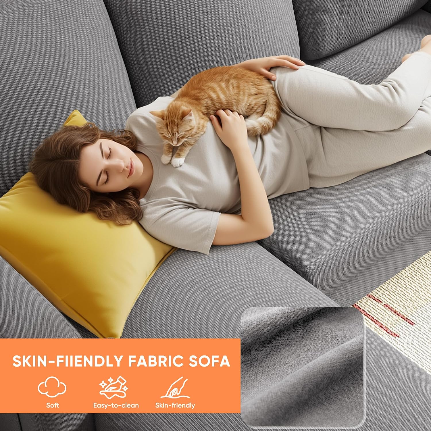 YESHOMY Couches for Living Room, Sofa with Movable Ottoman, Small Couch with Reversible Chaise and Side Pockets, L Shaped Couch for Small Space, Apartment (Linen Fabric, Light Grey)