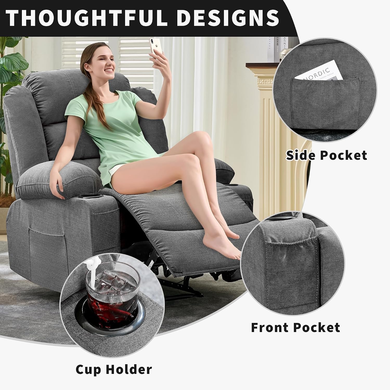 GarveeHome Large Recliner Chair for Adults Manual Pull Tab Reclining Chair with Cup Holders 3-Position Recliner Sofa for Living Room Overstuffed Single Sofa Chair Supports 350 Lbs