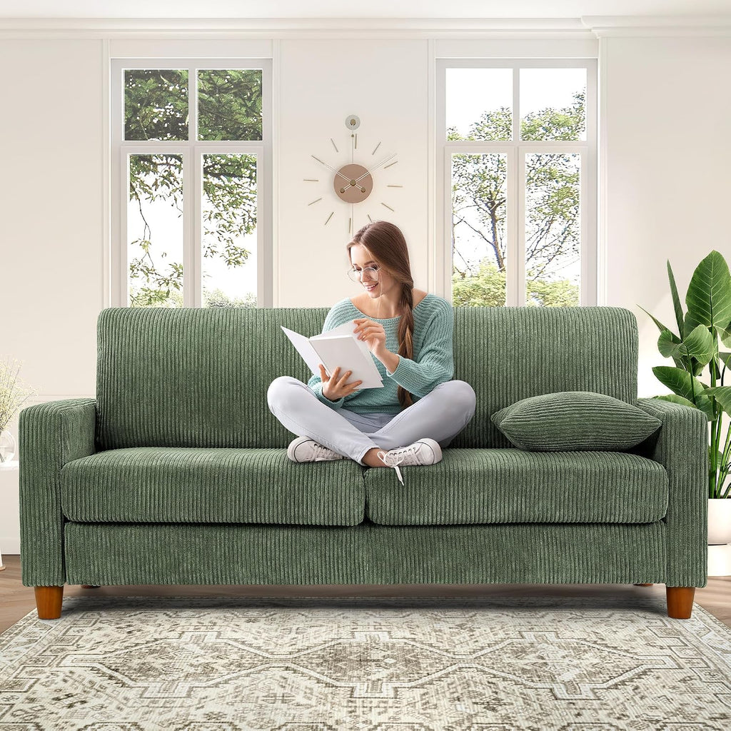 70in L Shaped Couch, Modular Sofa No Tool Assembly, Comfy Sectional Couches for Living Room 21in Deeper Seats, Corduroy Sofas for Living Room with 2 Pillows, Loveseat Sofa Set, Green Couch