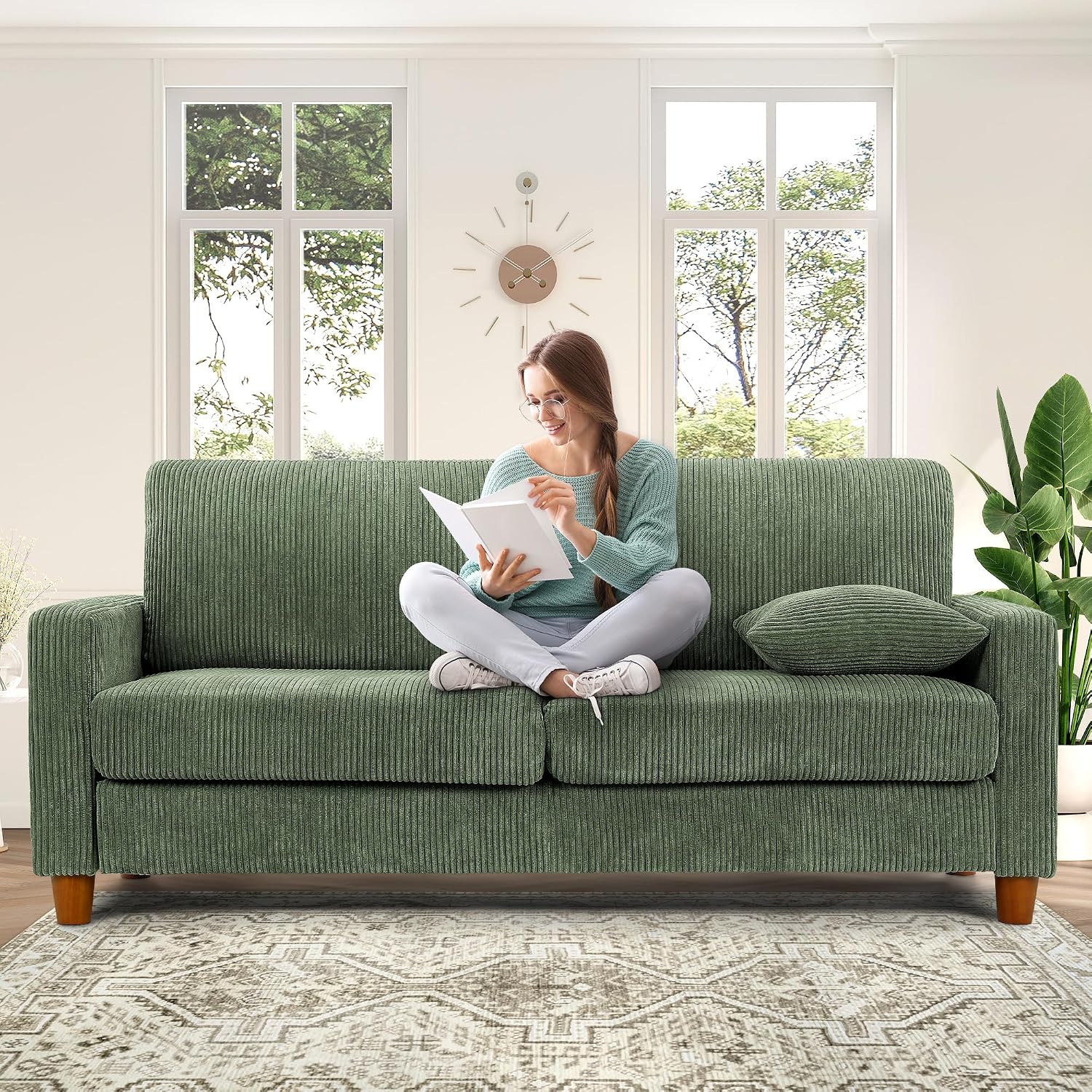 70in L Shaped Couch, Modular Sofa No Tool Assembly, Comfy Sectional Couches for Living Room 21in Deeper Seats, Corduroy Sofas for Living Room with 2 Pillows, Loveseat Sofa Set, Green Couch