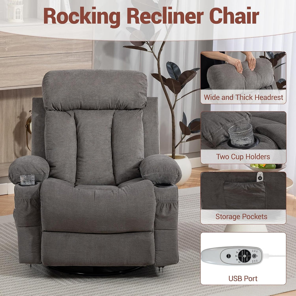 Rocker Recliner, Glider Recliner Chairs for Adults, 360° Swivel Recliner Chair w/Massage and Heating, Nursery Chair with Rocking Function, Side Pocket, Cup Holders for Living Room, Bedroom, Grey