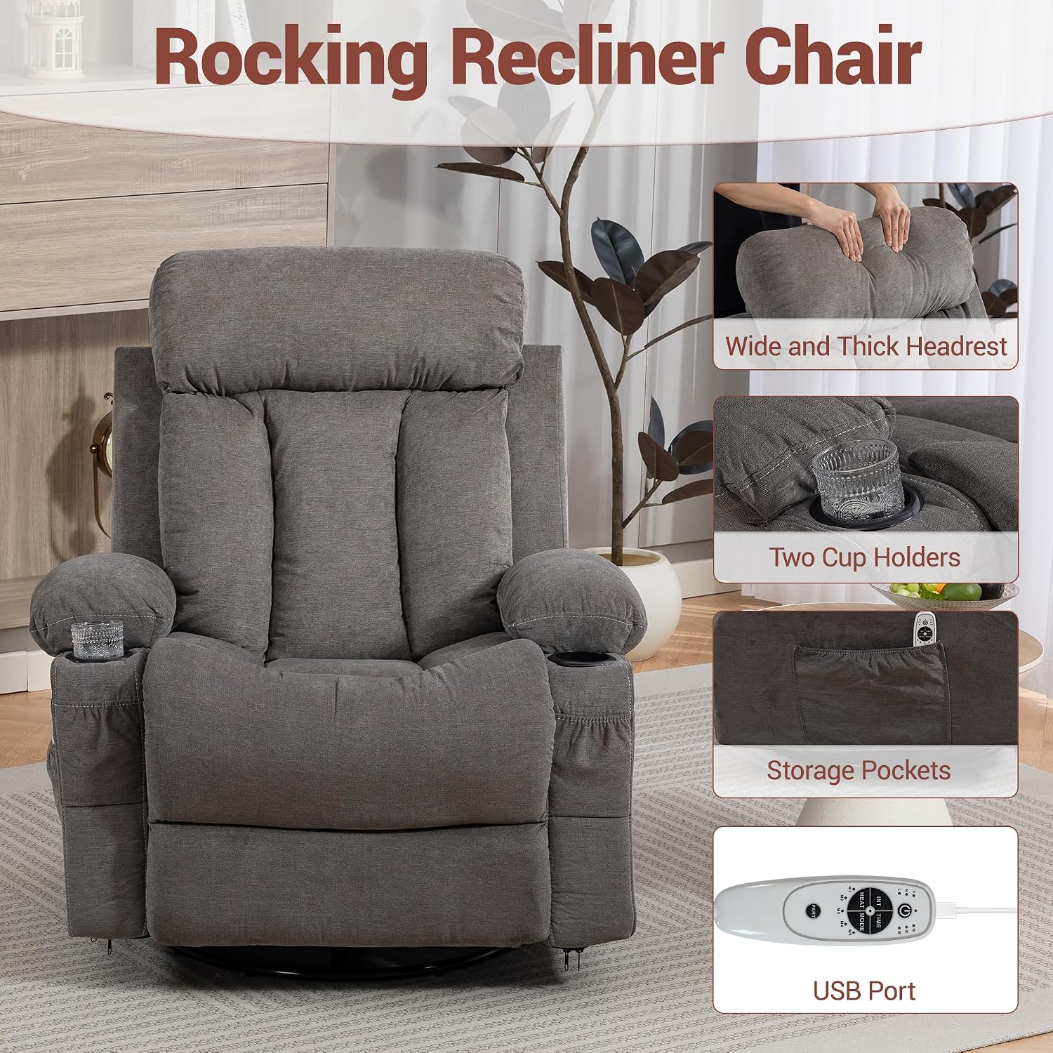 Rocker Recliner, Glider Recliner Chairs for Adults, 360° Swivel Recliner Chair w/Massage and Heating, Nursery Chair with Rocking Function, Side Pocket, Cup Holders for Living Room, Bedroom, Grey
