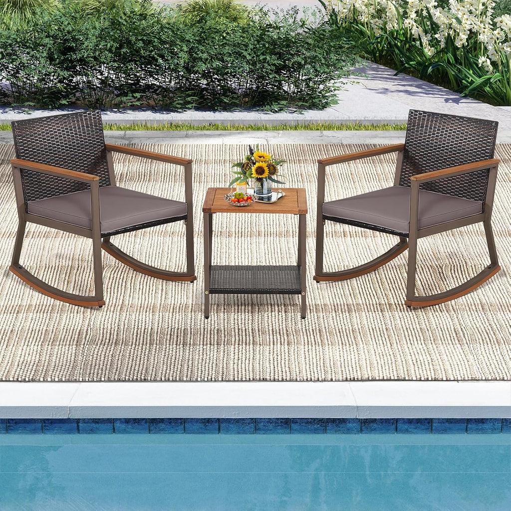 Outdoor Rocking Chair Set, 3 Pieces Patio Set Rocking Chair with Coffee Table & Cushions, Patio Wicker Furniture Set Outdoor Bistro Set for Balcony, Porch & Backyard (Gray)