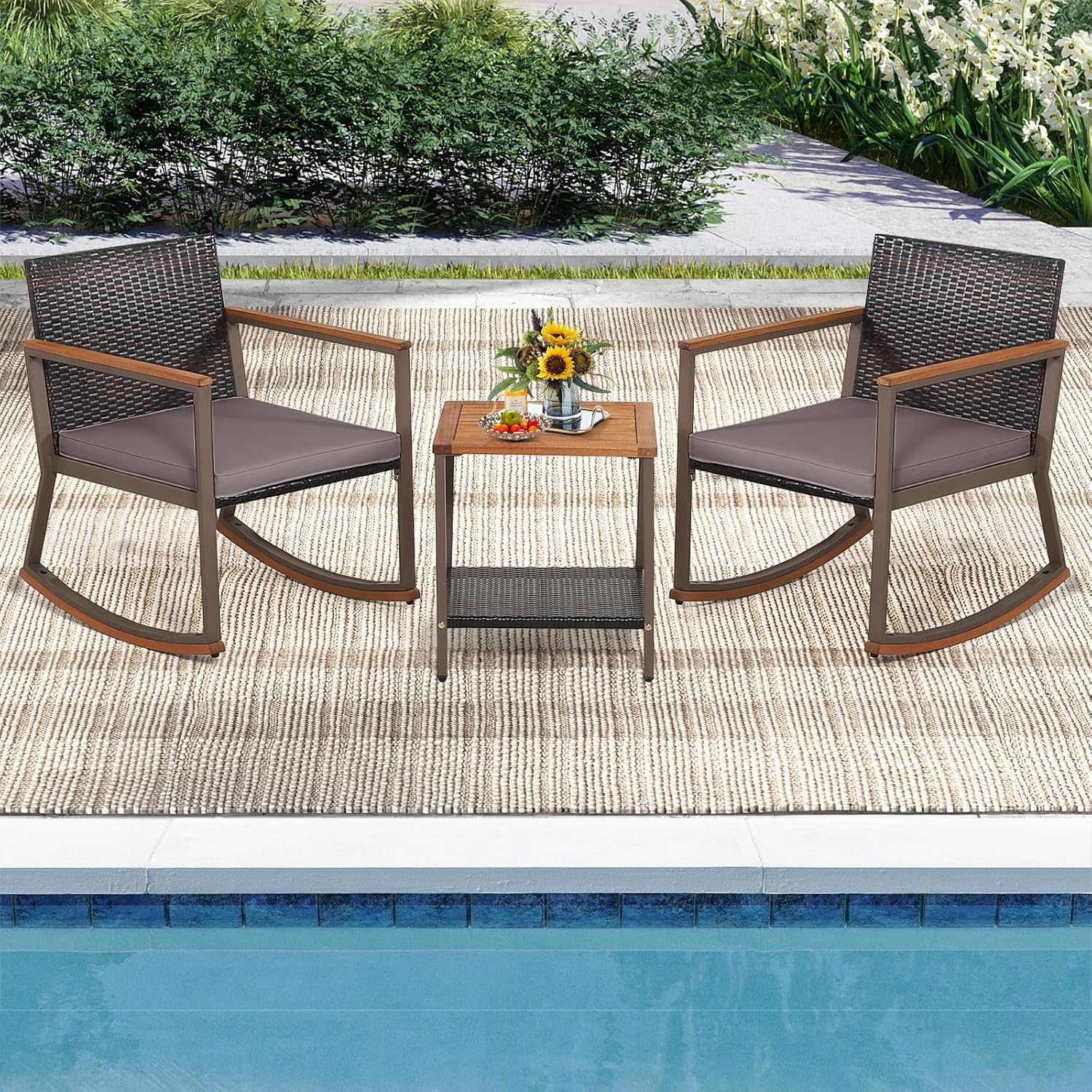 Outdoor Rocking Chair Set, 3 Pieces Patio Set Rocking Chair with Coffee Table & Cushions, Patio Wicker Furniture Set Outdoor Bistro Set for Balcony, Porch & Backyard (Gray)