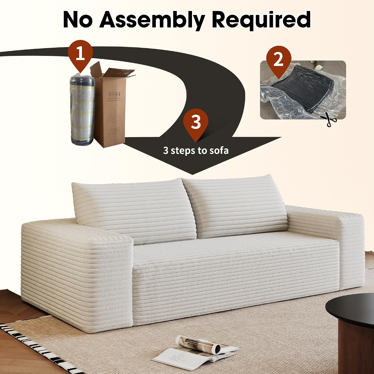 Ball & Cast 71' Cloud Loveseat Sofa No Assembly Required Comfy Deep Seat Couch with Pillows,Corduroy Fabric,1 pcs for Living Room, Bedroom,Apartment,White