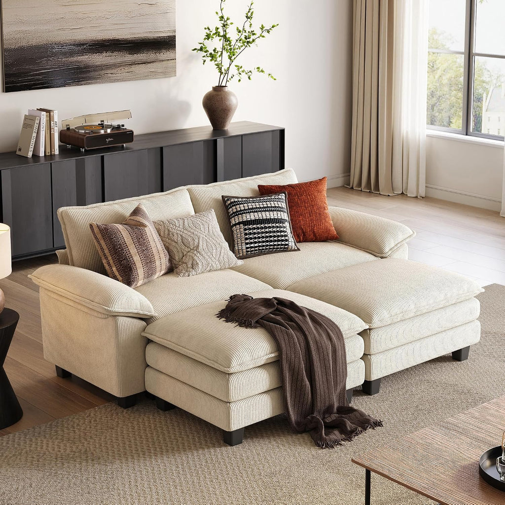LINSY HOME 90' Modular Cloud Love Seat Sofa, Corduroy Soft Sectional Couch, Modern Comfy Love Seat with 2 Movable Ottoman, Perfect for Living Room, Apartment, Office, Beige