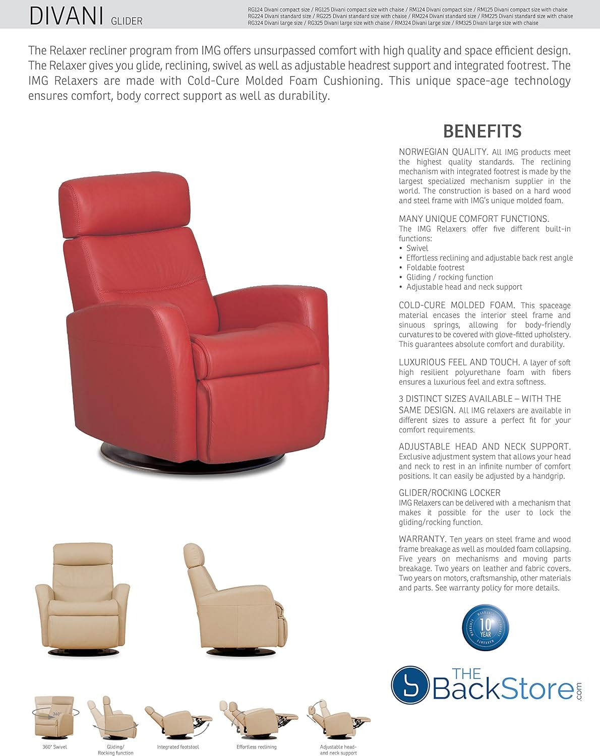 IMG Divani RG 225 Medium Glider Relaxer Rocking Recliner Swivel Chair - Sauvage Charcoal Leather Manual Recline - Adjustable Headres