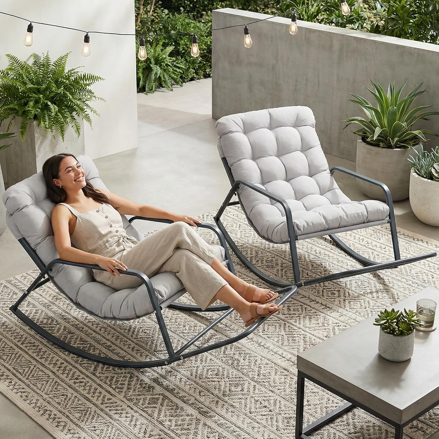 NICESOUL Set of 2 Outdoor Papasan Rocking Chair with Footrest, Oversized Patio Rocker with Cushion, Heavy Duty Steel Frame, Large Comfortable Rocking Lounge Chair for Backyard Balcony, Grey