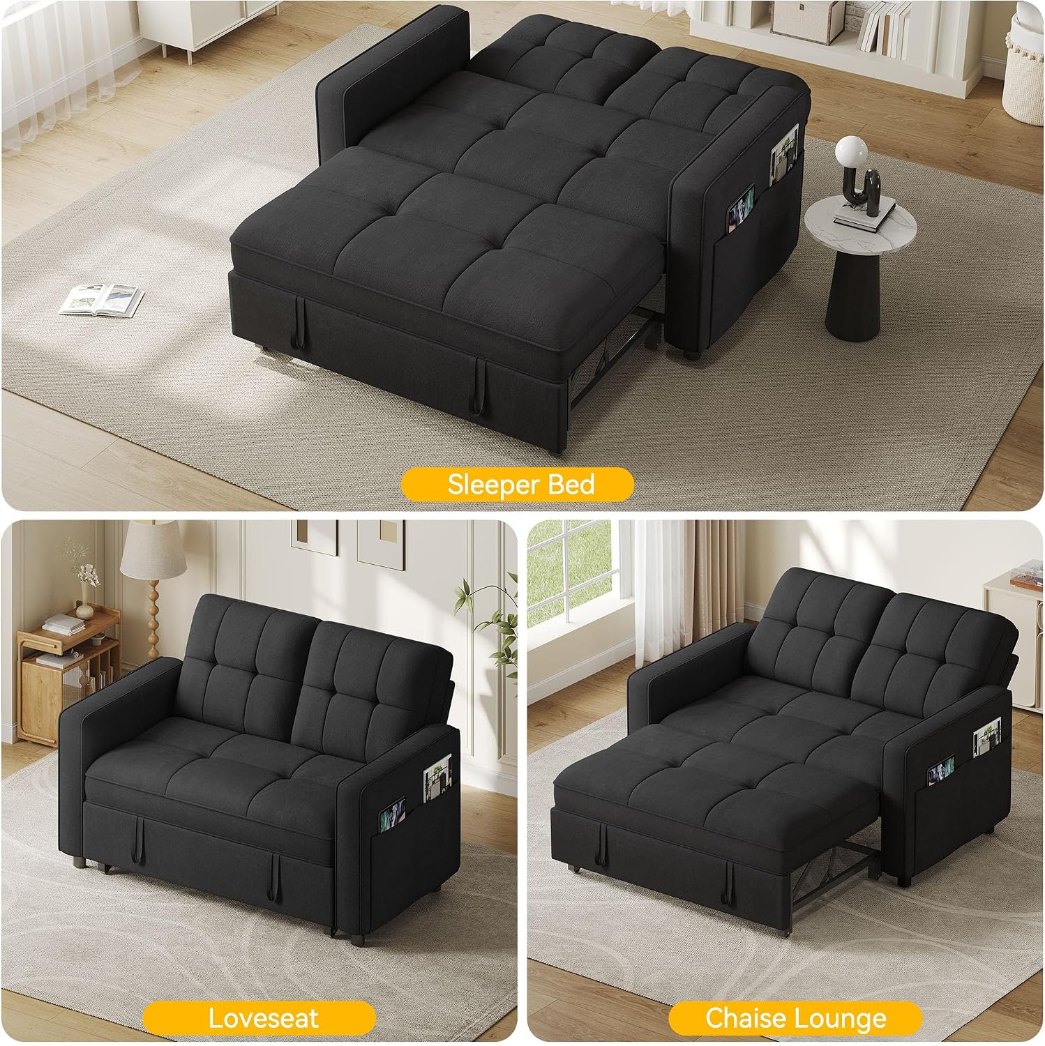 YITAHOME 3-in-1 Convertible Sofa Bed, Modern Loveseat Sleeper with Pull-Out Chaise, USB Charging Ports, Side Pockets, Compact Sofa for Living Room, Bedroom, Apartment, Black