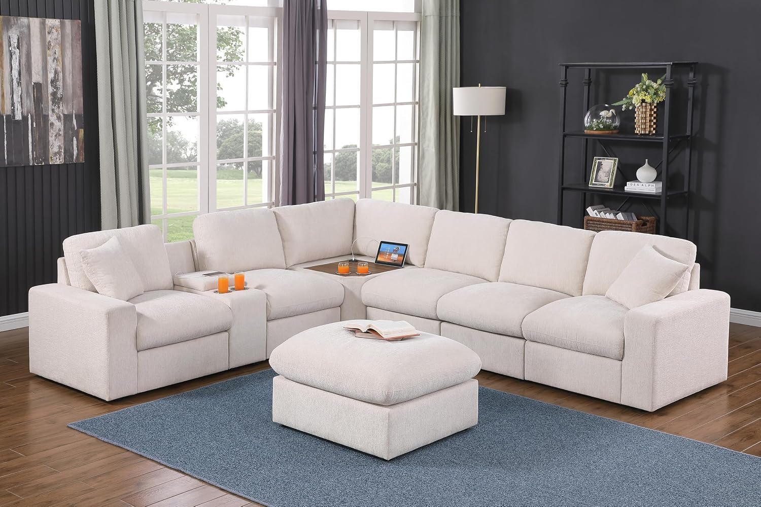 Ball & Cast 127' Oversized Modular Sectional Sofa L-Shaped,Large Chenille Upholstered Couch 7 Seat with Ottoman,Cup Holders & USB Ports,Comfty Sectionals W/Pillows & Storage Box,for Living Room,Beige