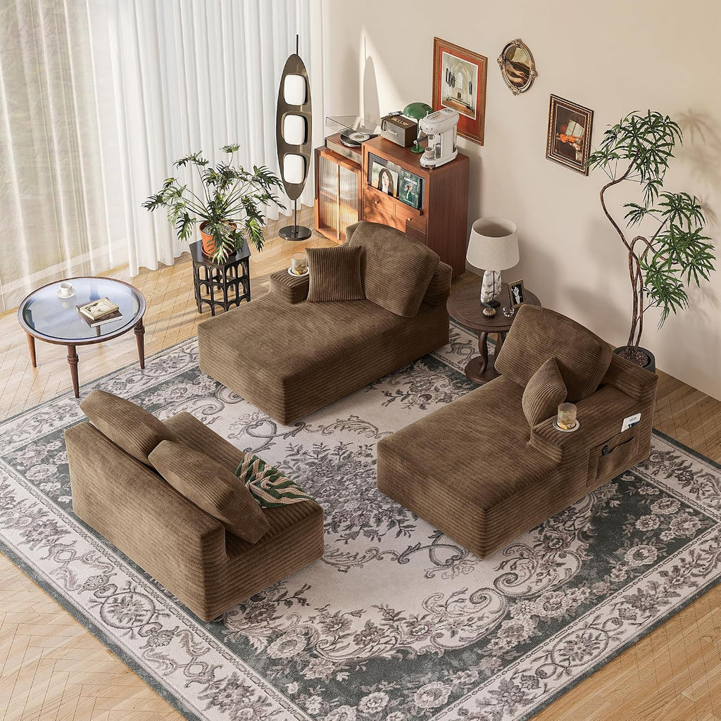 Homall 142' Boneless Couch, Modular Sectional Sofa, No Assembly Required, Memory Foam Filling, Corduroy U-Shaped Sofa, Movable Multi-Person Couch for Living Room (Brown)