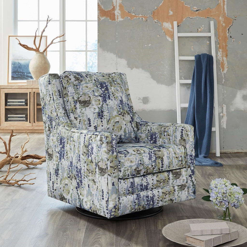 Signature Design by Ashley Dustinford Contemporary Abstract Floral Swivel Glider Accent Chair with Reversible Cushions, Blue & Green