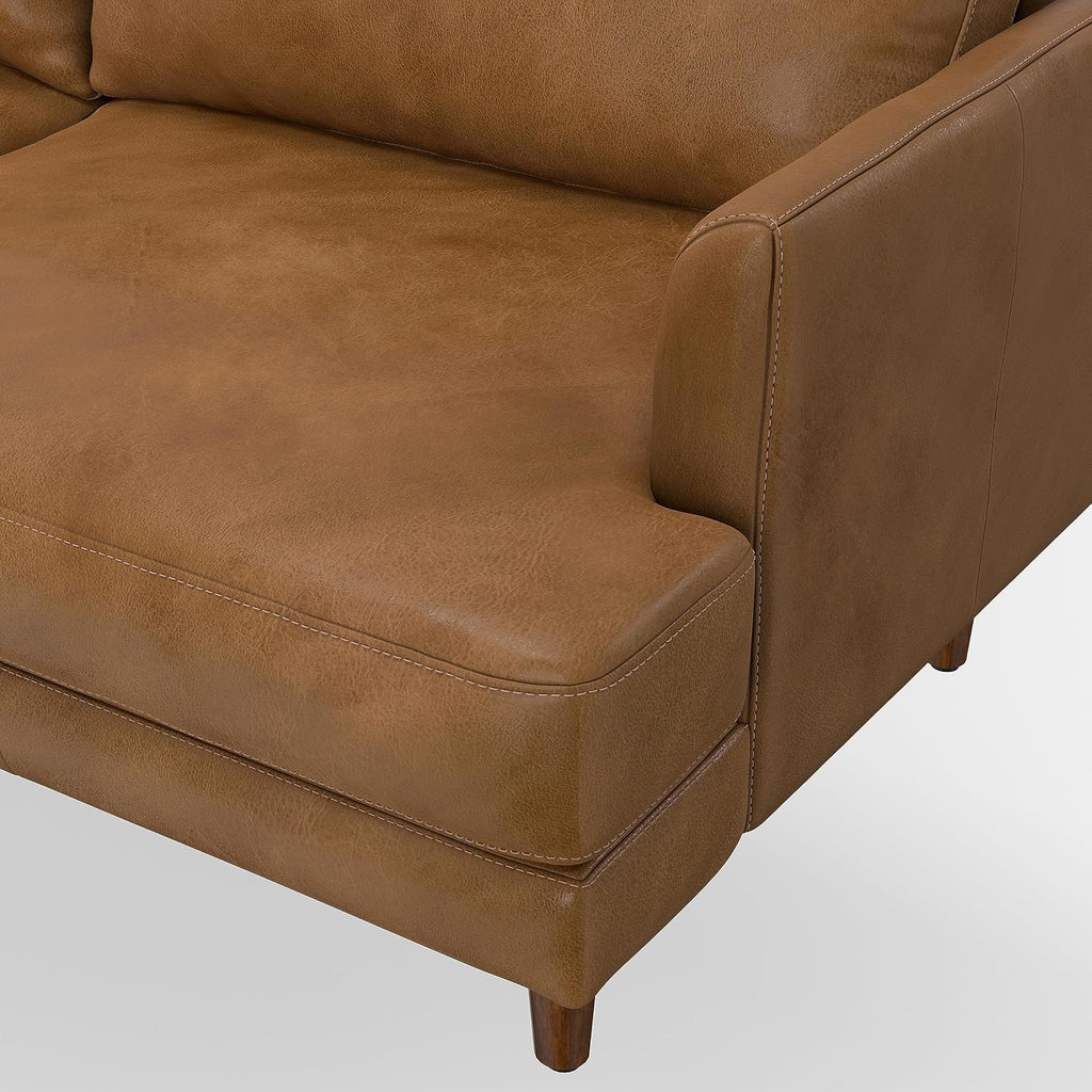 SIMPLIHOME Livingston Sofa - 90 inch Wide Top Grain Genuine Leather Sofa in Caramel Brown, Mid-Century Modern 3-Seater Couch for Living Room with Feather-Wrapped Cushions and Solid Wood Frame