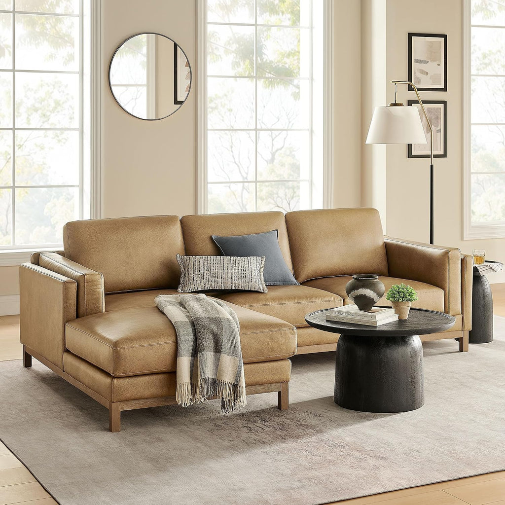 Modway Roscoe Left-Facing Sectional Sofa with Chaise in Toast - 2-Piece Faux Leather Upholstered Deep Seat Couch, L Shaped Modular for Living Room or Lounge