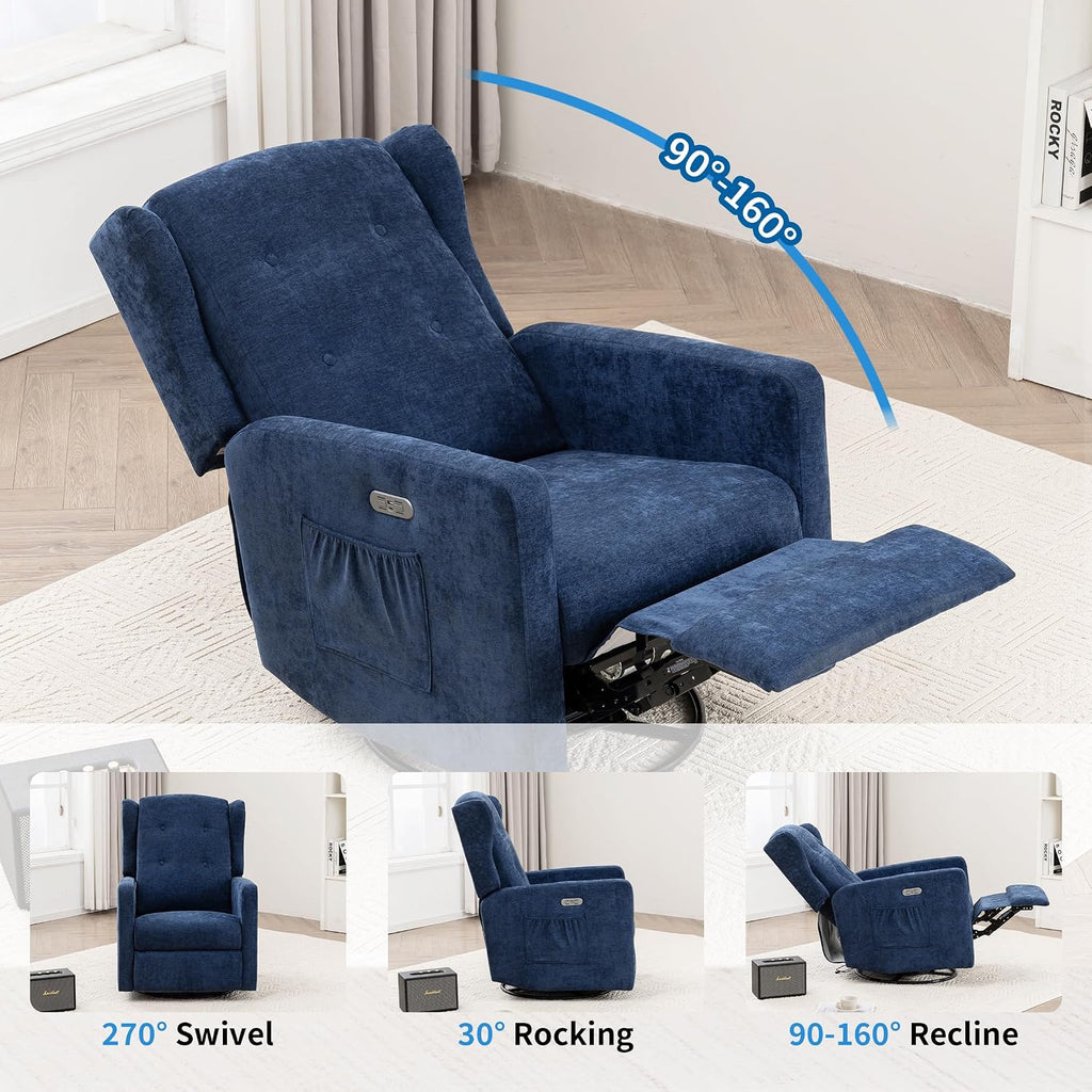 Swivel Rocker Power Recliner Chair for Nursery, 270° Swivel Glider Recliner with USB & Type-C Charging, Electric Reclining Chair with Storage Pockets, Upholstered Recliner for Living Room (NavyBlue)