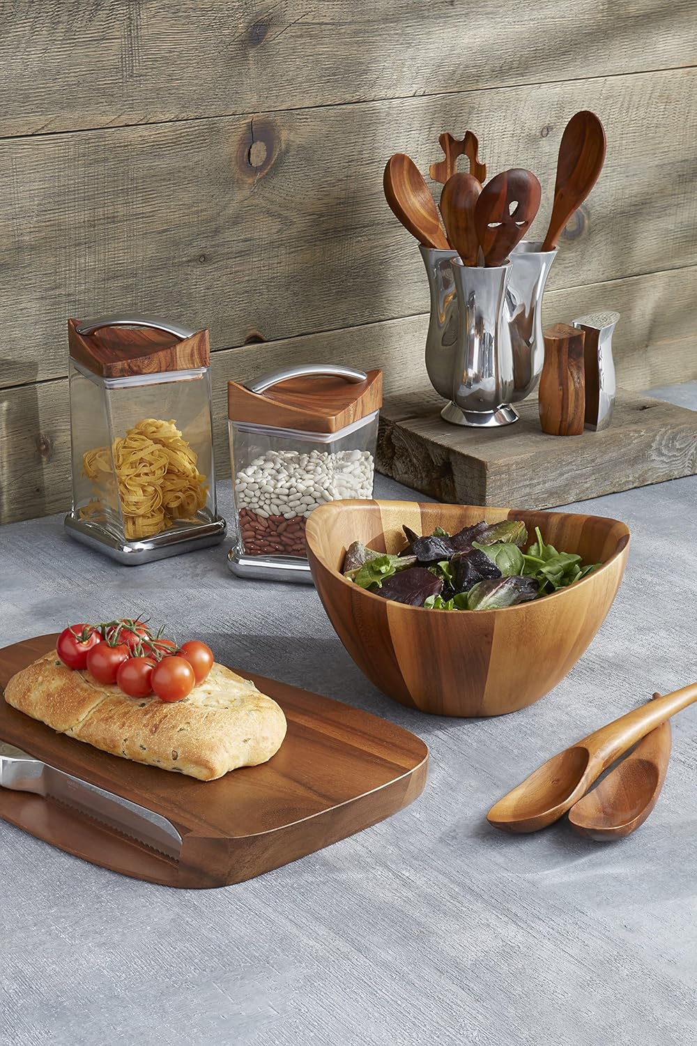 nambe Tulip Tool Jug with 5 Piece Kitchen Tool Set | Utensil Holder for Countertop with Assorted Kitchen Utensils | Made from Nambe Alloy and Acacia Wood