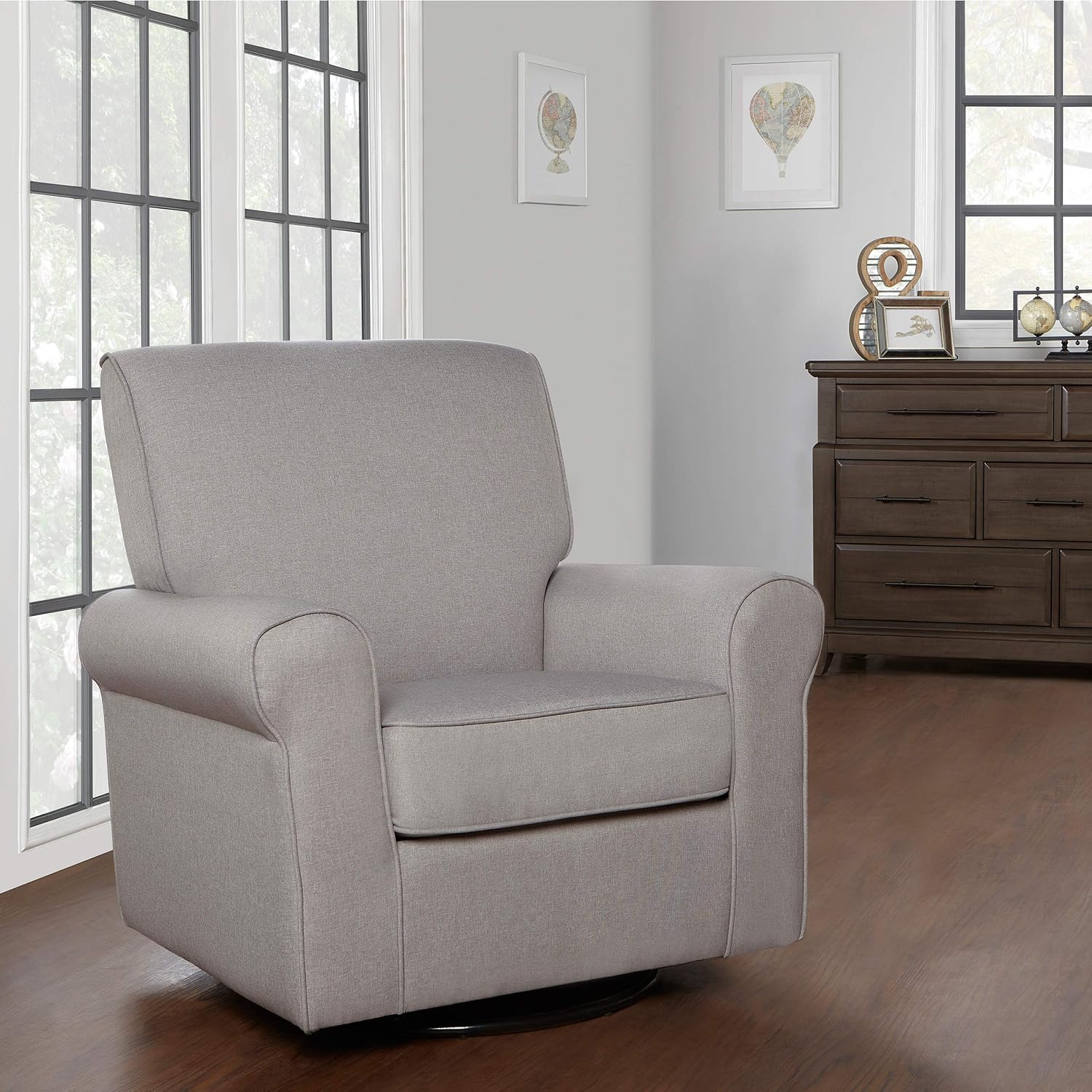 Evolur London Upholstered Plush Seating Glider Swivel, Ergonomically Designed for Nursery in Fossil, Tool-Free Assembly, Easy to Clean, Greenguard Gold Certified, Environmentally Conscious Glider
