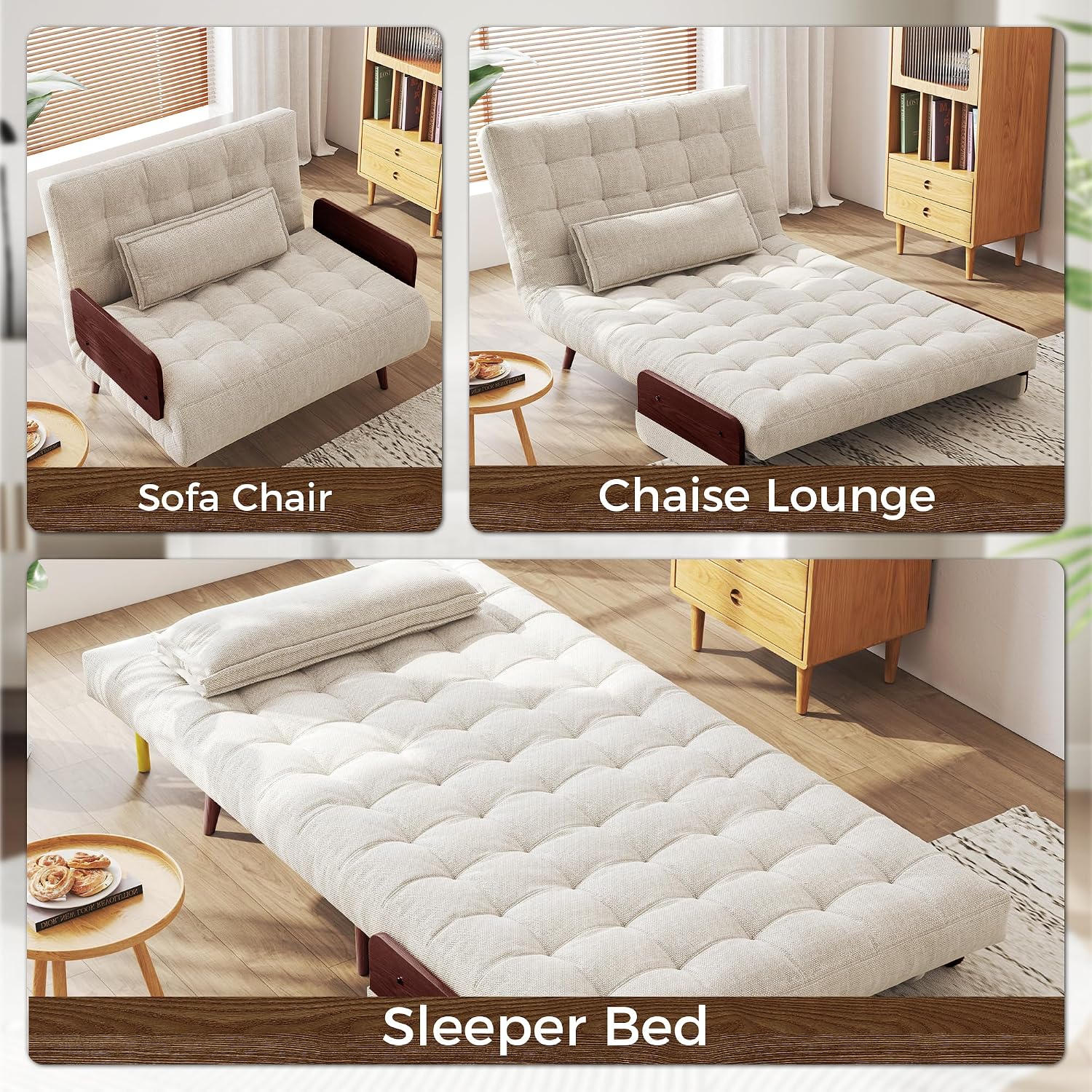 JASIWAY Convertible Sleeper Chair Bed for Adults, 3 in 1 Linen Convertable Futon Chair with Pillow, Fold Out Single Sleeper Couch Guest Bed for Small Spaces, Bedroom Mid-century with Walnut Arm, 36.6'