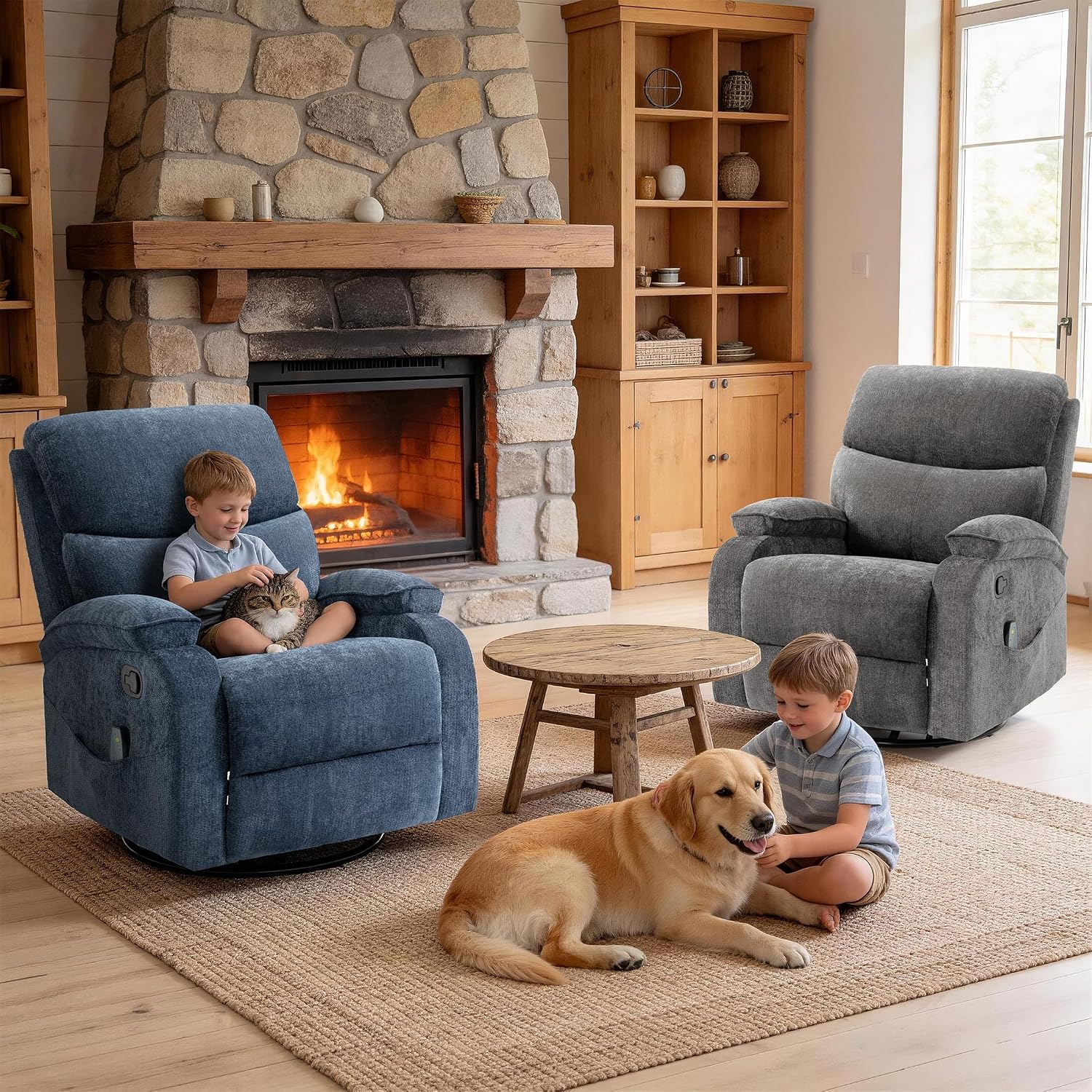 360° Swivel Rocking Recliner Chair, Massage Lazy Boy Recliner, Small Spaces Recliner for Living Room, Bedroom and Nursery, Dark Gray Chenille
