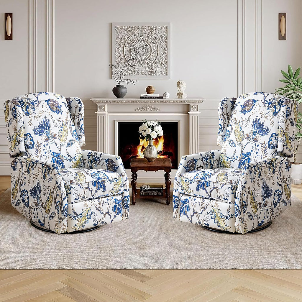 Floral Accent Swivel Rocker Recliner, Wingback Recliner Chair with Padded Seat, High Back Upholstered Armchair for Living Room, Bedroom, Home Ofiice, Blue Floral