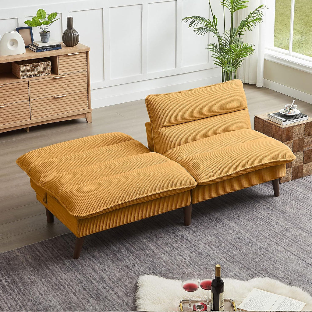 72' Futon Sofa Bed, Futon Couch with Adjustable Backrest, Recliner Small Loveseat for Living Room, Office, Apartment, Corduroy Loveseat, Yellow
